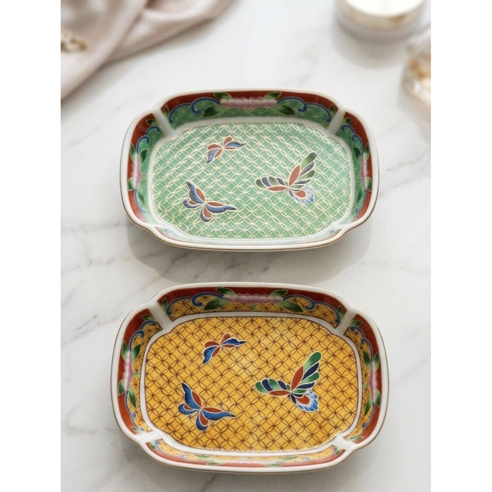 2 vintage Chinese cloisonné pin dish trinket floral Butterfly painted enamel 80s